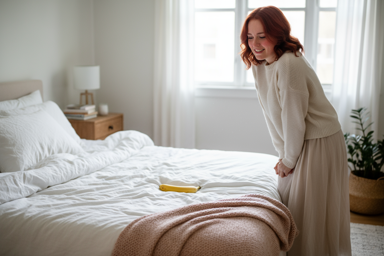 รูปผู้หญิงที่มีหน้าตาท่าทางเขินอายขณะเจอกล้วยวางอยู่บนที่นอน